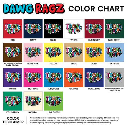 Color chart for Dawg Ragz dog bandana with various color options.